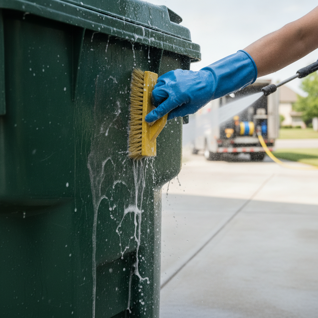 a technician doing Trash Bin Cleaning, just show the hand doing Trash Bin Cleaning