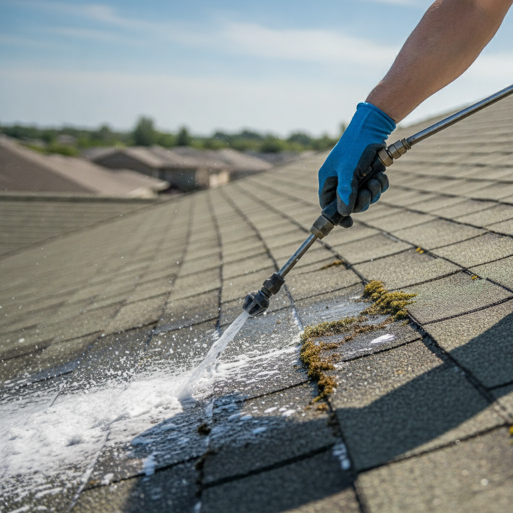 a technician doing Roof Cleaning, just show the hand doing Roof Cleaning