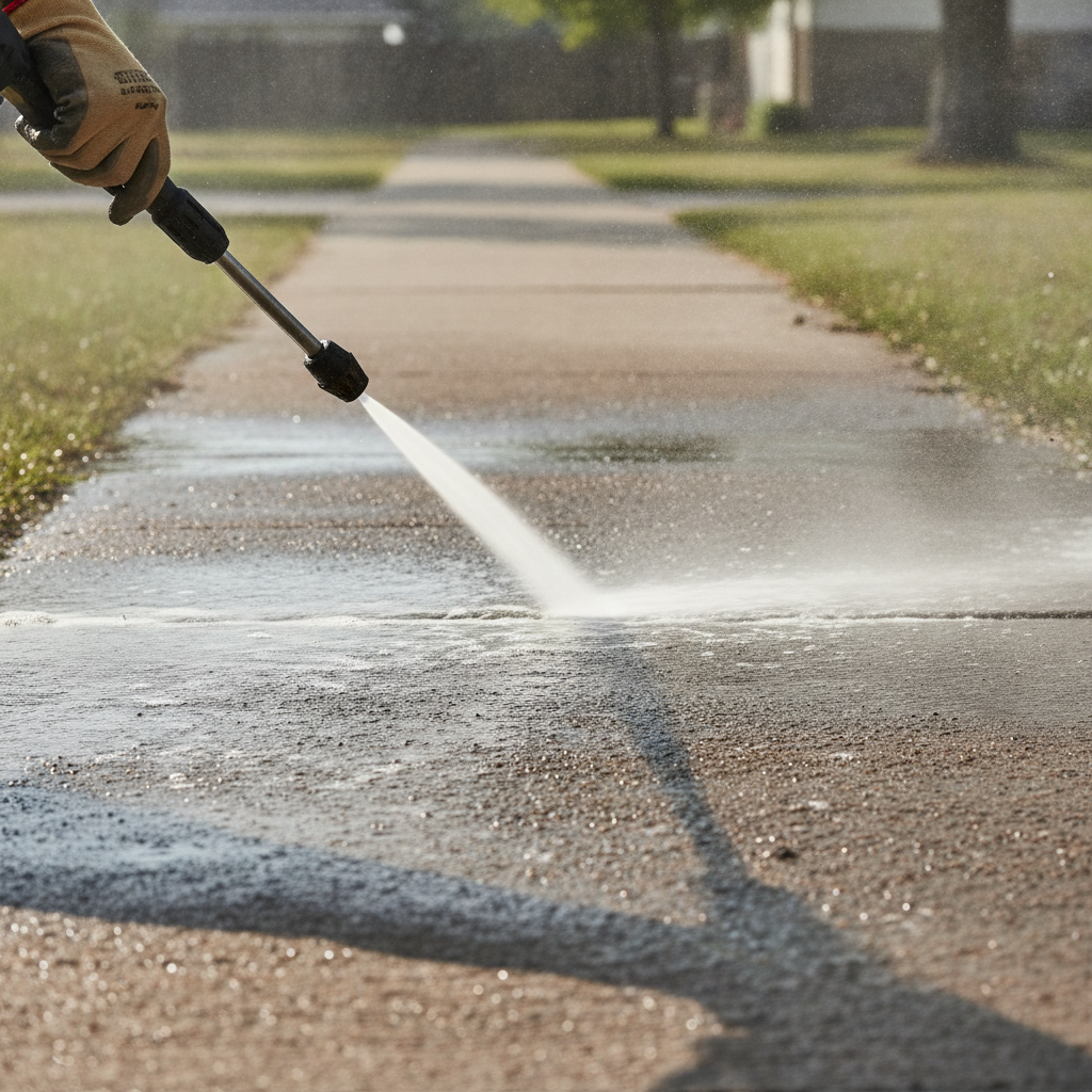 a technician doing Sidewalk Cleaning, just show the hand doing sidewalk cleaning